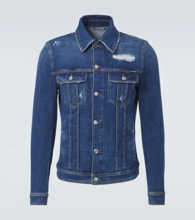 Dolce & Gabbana Blue Jacket With Classic Collar And Rips In Denim Stretch Man