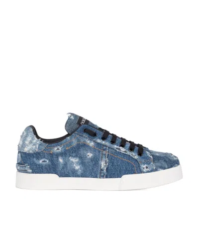 Dolce & Gabbana Distressed Denim Low-top Sneakers In Blue