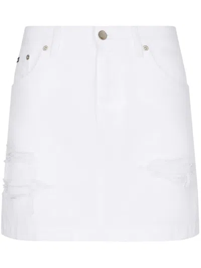 Dolce & Gabbana Denim Mini Skirt With Rips In White