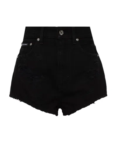 Dolce & Gabbana Logo Plaque High-waist Denim Shorts In Black