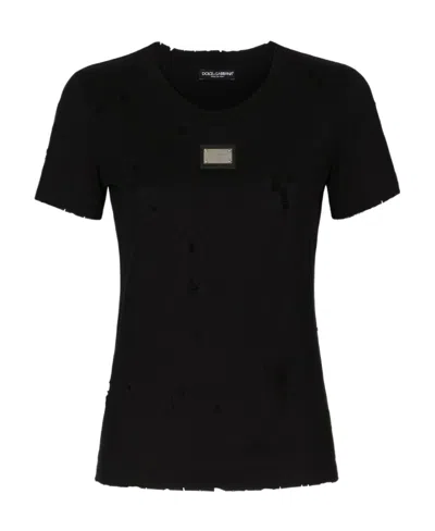 DOLCE & GABBANA DOLCE  GABBANA LOGO-PLAQUE DISTRESSED CREWNECK T-SHIRT
