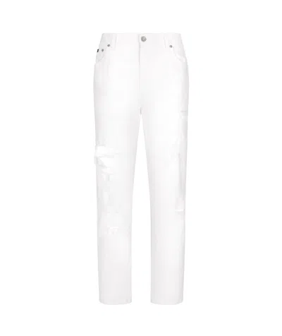 Dolce & Gabbana Dolce  Gabbana Logo Plaque Distressed Jeans In White