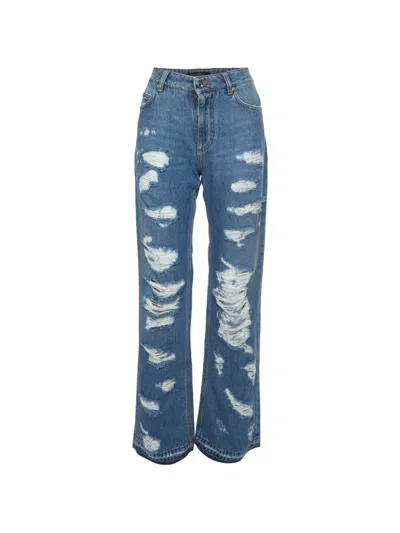 Pre-owned Dolce & Gabbana Distressed High-waisted Wide-leg Jeans In Blue