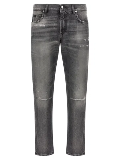 Dolce & Gabbana Straight Cut Faded Denim Jeans For Men In Gray