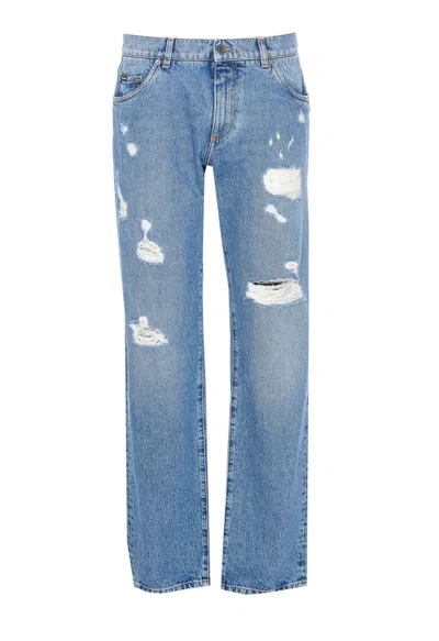 Dolce & Gabbana Distressed Jeans With Dg Embroidery In Blue