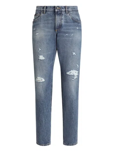 Dolce & Gabbana Distressed Logo-plaque Jeans In Blue