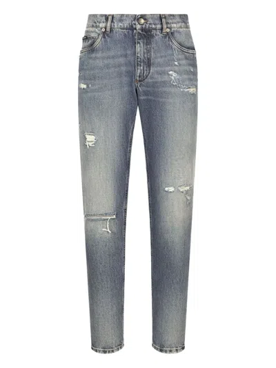 Dolce & Gabbana Distressed Logo-plaque Jeans In Blue
