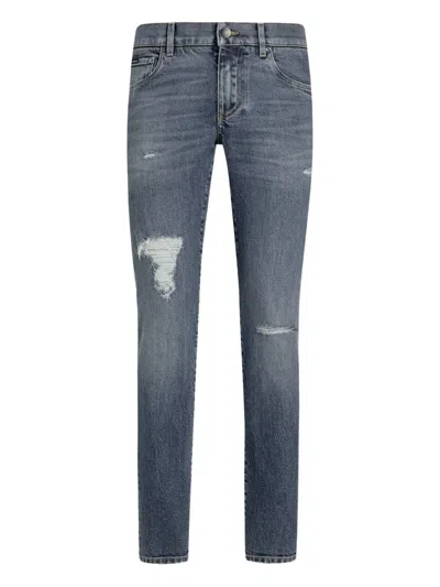 Dolce & Gabbana Distressed Logo-plaque Jeans In Blue