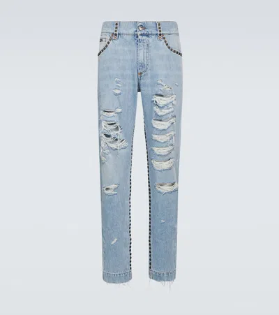 Dolce & Gabbana Distressed Mid-rise Straight Jeans In Blue