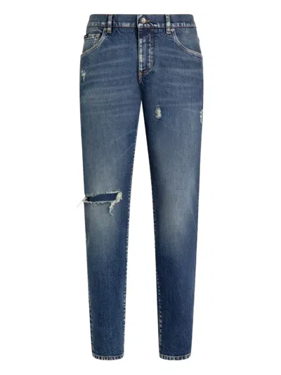 Dolce & Gabbana Distressed Ripped-knee Jeans In Blue