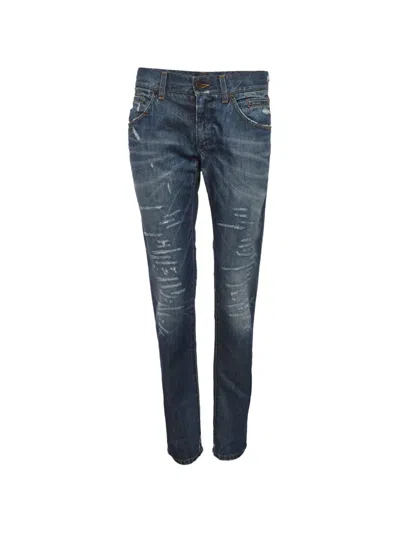Pre-owned Dolce & Gabbana Distressed Slim-fit Jeans In Blue