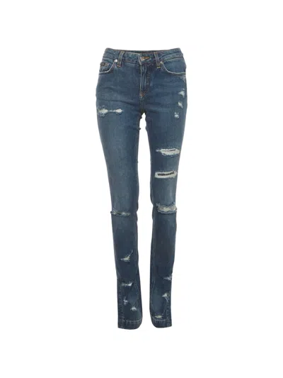 Pre-owned Dolce & Gabbana Distressed Slim-fit Jeans In Blue