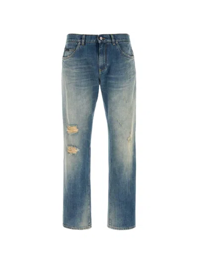 Dolce & Gabbana Blue Washedeffect Jeans With Logo Plaque In Multi