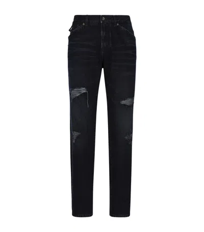 Dolce & Gabbana Logo-appliqué Ripped-detail Straight-leg Jeans In Black