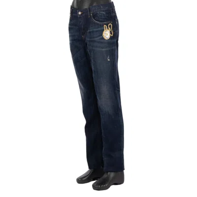 Pre-owned Dolce & Gabbana Distressed Straight Jeans Trousers Pearl Crystal Watch 12433 In Blue