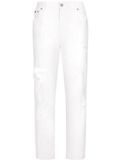 DOLCE & GABBANA WHITE DISTRESSED STRAIGHT-LEG JEANS