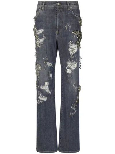 Dolce & Gabbana Distressed Safety-print Straight Jeans In Grey