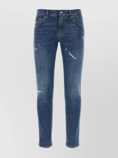 Dolce & Gabbana Distressed Stretch Denim Trousers With Belt Loops In Blue