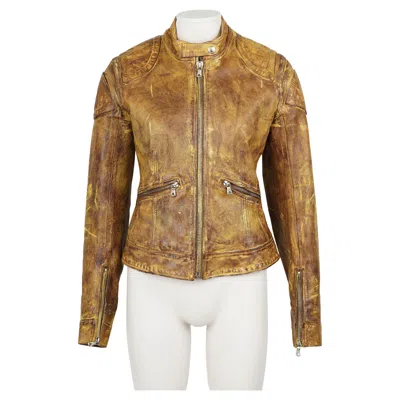 Pre-owned Dolce & Gabbana Distressed Yellow-brown Biker Jacket, Early 2000s It 42 S/m