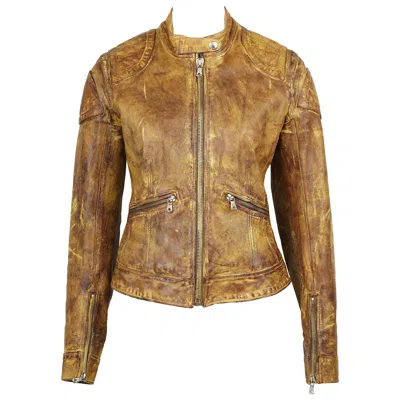 Pre-owned Dolce & Gabbana Distressed Yellow-brown Biker Jacket, Early 2000s It 42 S/m