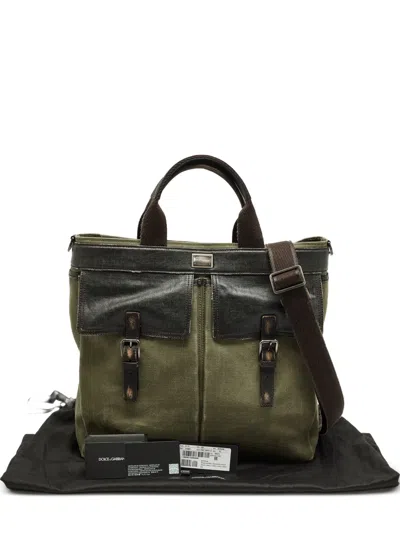 Pre-owned Dolce & Gabbana Distressed-finish Canvas Tote Bag In Green