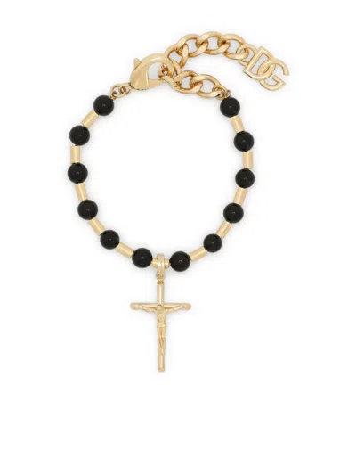 Dolce & Gabbana Dna Crucifix Beaded Bracelet In Black
