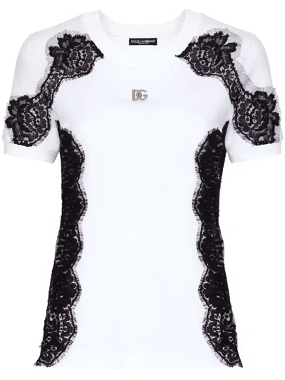 Dolce & Gabbana Lace Detail Cotton Blend T-shirt In White