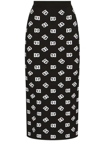Dolce & Gabbana Viscose Logo Jacquard Pencil Skirt In Black