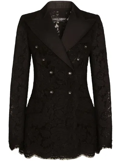 Dolce & Gabbana Double-breasted Branded Floral Cordonetto Lace Turlington-fit Jacket In Black