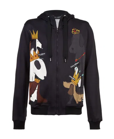 Dolce & Gabbana Dog Printed Zipper Hooded Sports Jacket In Black