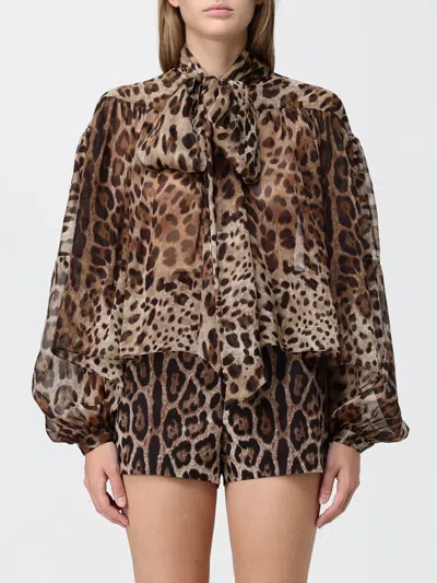 Dolce & Gabbana Leopard-print Tie-neck Silk Blouse In Brown