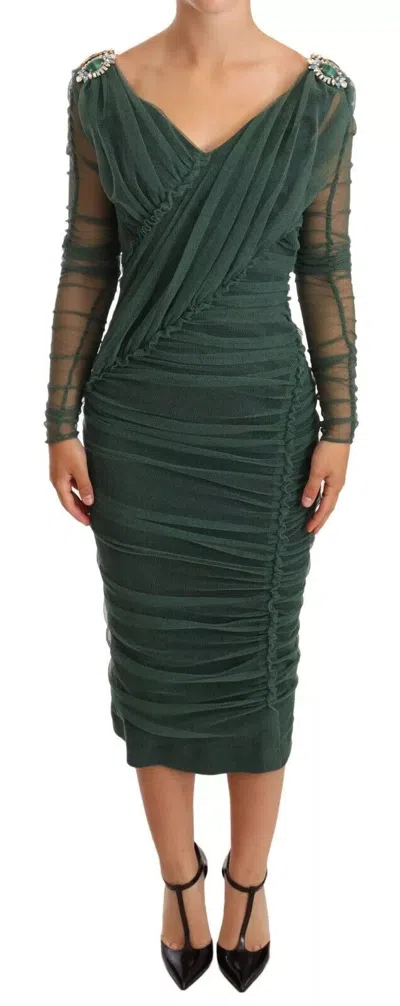 Dolce & Gabbana Blue Mesh Trim Ruched Tulle Sheath Dress
