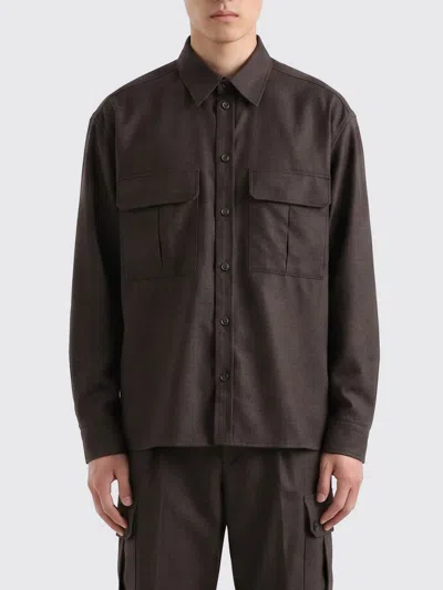Dolce & Gabbana Long-sleeved Wool Canvas Shirt In Brown