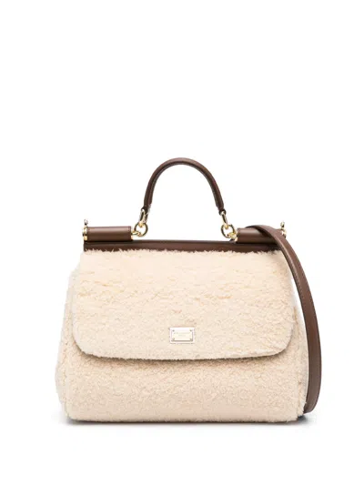 Dolce & Gabbana Dolce &amp; Gabbana Sicily Handbag In Cream With Calfskin Handle In Black