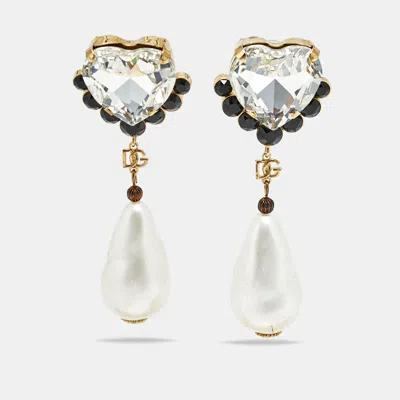 Pre-owned Dolce & Gabbana Dolce & Gabanna Crystals Faux Pearl Gold Tone Earrings