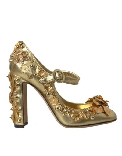 Pre-owned Dolce & Gabbana Dolce&gabban Women Gold Pumps Leather Block High Heel Mary Jane Shoes Size Eu 36