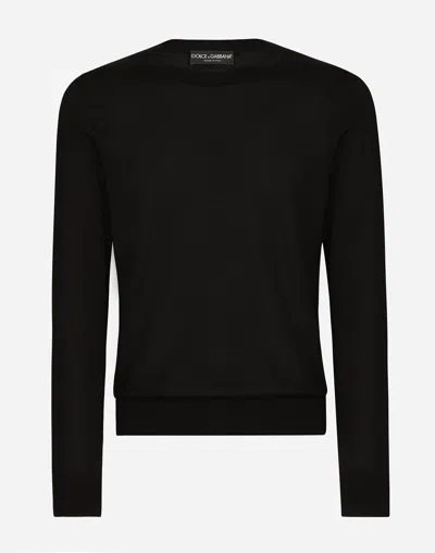 DOLCE & GABBANA ROUND-NECK SILK SWEATER WITH DOLCE&GABBANA LOGO