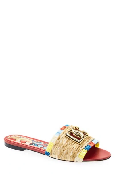 Dolce & Gabbana Dolce&gabbana Bianca Raffia Fringe Slide Sandal In Animal Print