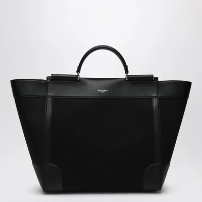 DOLCE & GABBANA BLACK FABRIC AND LEATHER TOTE BAG