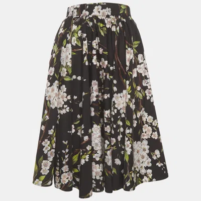 Pre-owned Dolce & Gabbana Dolce And Gabbana Black Floral Print Poplin Gathered Skirt S