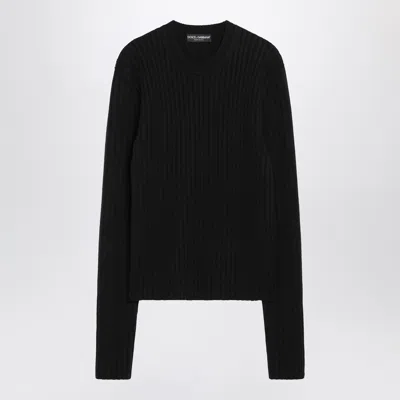 Dolce & Gabbana Ribbed Wool Crew Neck Long Sleeve Sweater In Black