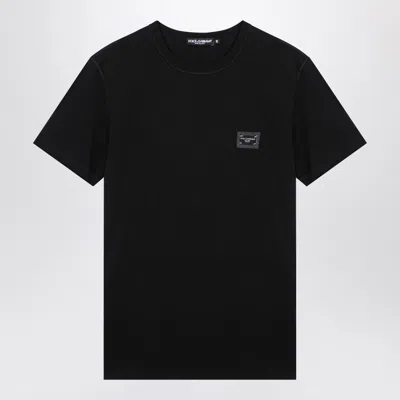 DOLCE & GABBANA DOLCE&GABBANA BLACK T SHIRT WITH LOGO PLAQUE