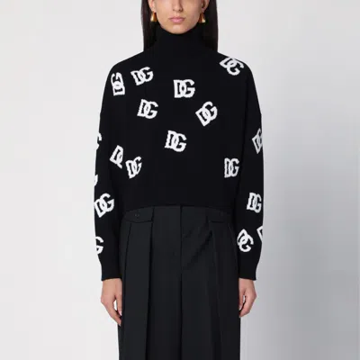DOLCE & GABBANA DOLCE&GABBANA BLACK/WHITE TURTLENECK SWEATER WITH DG INLAY