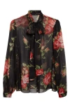 Dolce & Gabbana Rose Bouquet-print Silk Chiffon Neck-tie Blouse In Brown