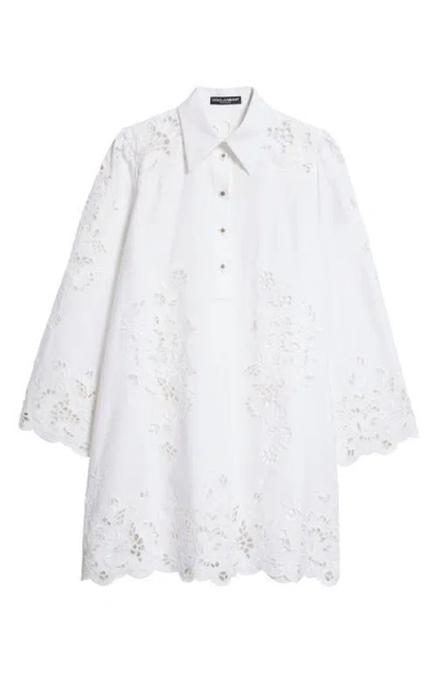 Dolce & Gabbana Dolce&gabbana Broderie Anglaise Cotton Blend Poplin Shirtdress In Bianco Ottico