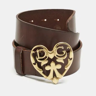 Pre-owned Dolce & Gabbana Dolce And Gabbana Brown Leather Dg Heart Buckle Belt 85cm