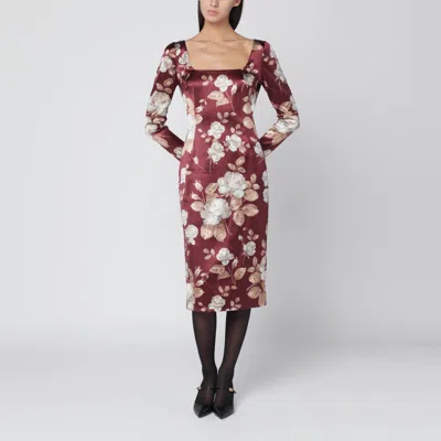 DOLCE & GABBANA BURGUNDY SATIN DRESS WITH FLORAL PRINT