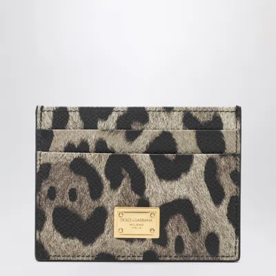 Dolce & Gabbana Dolce&gabbana Card Holder In Leopard-print Dauphine Leather With Logo Plaque In Brown