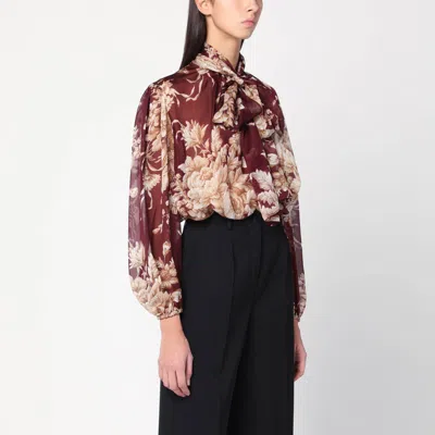 Dolce & Gabbana Chiffon Shirt With Rose Print In Burgundy