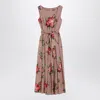 Dolce & Gabbana Cotton Sleeveless Boat Neck Floral Print Midi Dress In Brown